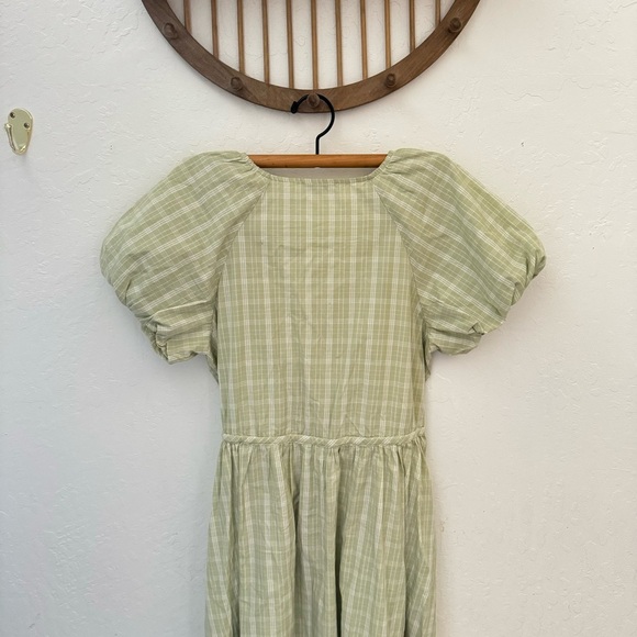MADEWELL Green Cream Plaid Gingham Tie Waist Midi Dress Puff Sleeve V Neck M - Picture 7 of 11